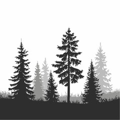 Fototapeta premium Glade in taiga. Coniferous forest with firs and pines. Landscape with trees and grass. Silhouette picture. Isolated on white background. Vector.