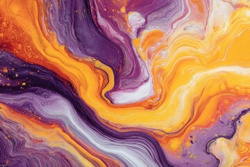 Abstract fluid art with swirling patterns in vibrant colors (orange, purple, yellow, white), showing dynamic, flowing textures.