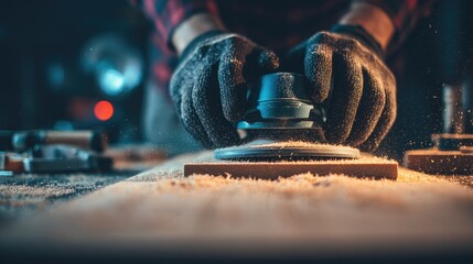 Close-up view of a person sanding wood with a random orbital sander.
