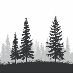Obraz premium Glade in taiga. Coniferous forest with firs and pines. Landscape with trees and grass. Silhouette picture. Isolated on white background. Vector.