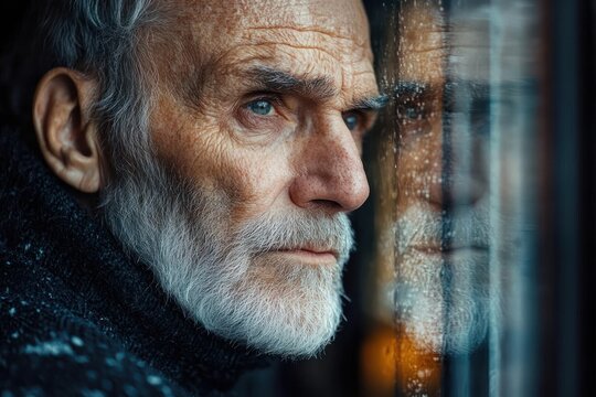 Close-up portrait of an elderly man with white beard and deep wrinkles looking pensively out of a rain-covered window reflecting his thoughtful expression - Powered by Adobe