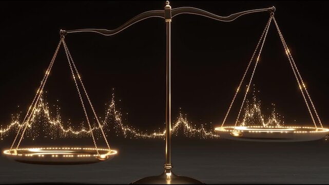 A golden balance scale illuminated against a dark background, symbolizing justice and fairness with sparkling effects.