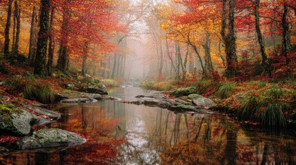Enchanting Autumn Forest Stream Bathed in Golden Misty Sunlight, Reflecting Vibrant Fall Foliage.