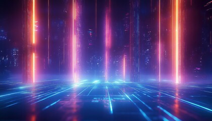 Futuristic digital landscape with glowing vertical neon light beams and a grid-like floor emitting vibrant blue and purple hues creating a high-tech immersive atmosphere