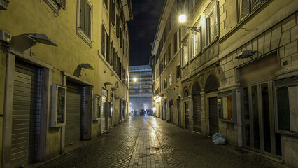 Walk down streets of Rome timelapse hyperlapse from the Pantheon to fountain Trevi showing restaurants and the blur of people at night