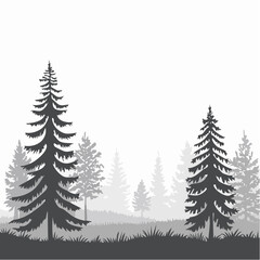 Obraz premium Glade in taiga. Coniferous forest with firs and pines. Landscape with trees and grass. Silhouette picture. Isolated on white background. Vector.