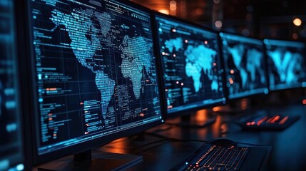 Multiple computer screens displaying digital world maps and data in a dark room with illuminated keyboards highlighting technology and cybersecurity