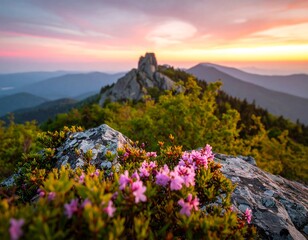 Fototapeta premium Mountaintop flowers at sunrise