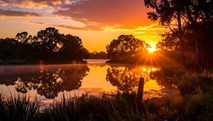 Obraz premium Sunrise over a calm lake, vibrant colors reflected in the water, silhouetted trees frame the scene