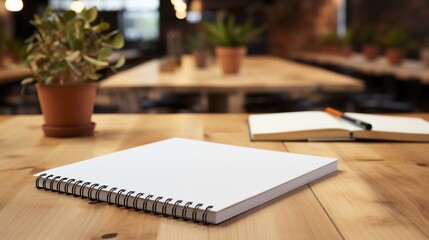 Blank notebook on wooden table in cafe