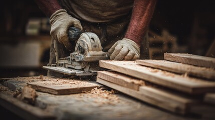 Close-up of a carpenter using a circular saw on wooden planks.