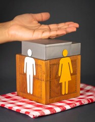 Wooden gender selection box with hand gesture above