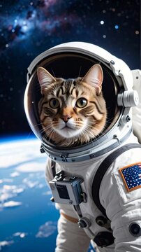 Adorable tabby cat astronaut in white space suit floating in outer space with Earth and stars visible