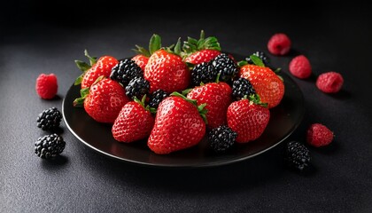Closeup Of Red Strawberries And Blackberries On A Black Plate