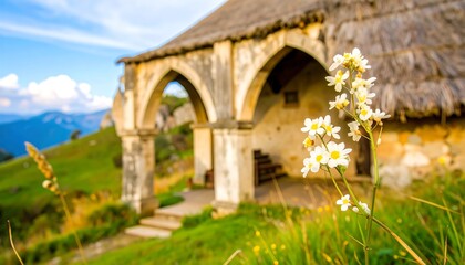 Obraz premium Rustic cottage with flowers in a serene mountain landscape