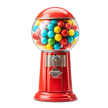 A red gumball machine filled with colorful gumballs inside