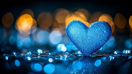 Blue heart on dark background with lights