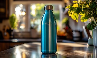 Blue water bottle on kitchen countertop