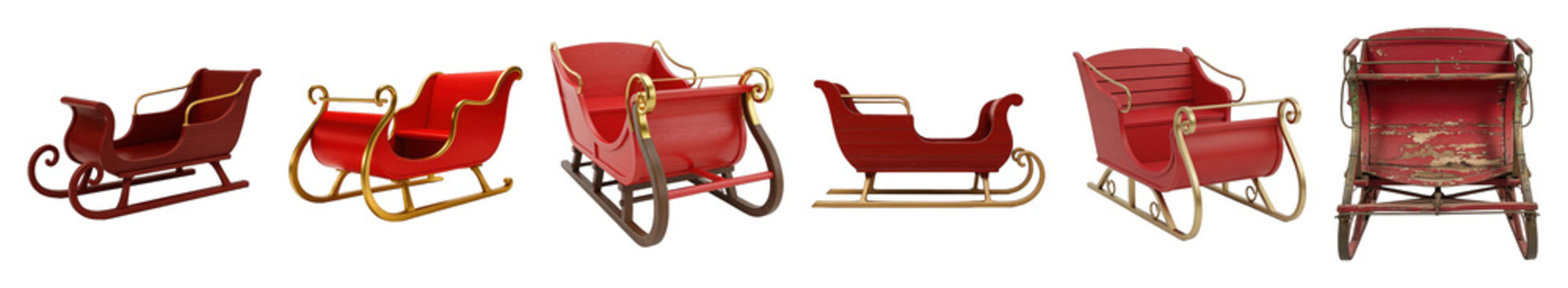Red sleigh set including modern, classic, and distressed styles isolated. Christmas and winter holiday decor elements.