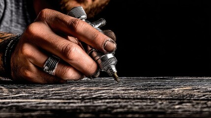 Close-up of a hand holding a spray gun, applying paint to a wooden surface.