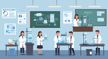 Flat Illustration Of A Science Laboratory With Scientists Working With Equipment and Charts on Walls