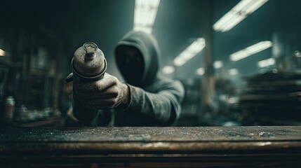 A person holding a spray paint bottle in a dimly lit workshop.