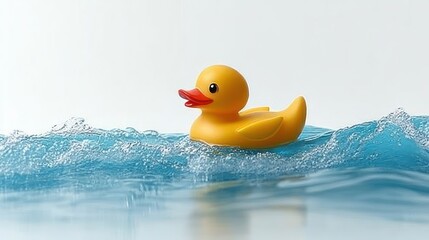 Yellow rubber duck floating on blue water with gentle waves under soft lighting on a white background