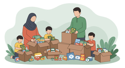 Family with Children Donating Toys from Boxes in Flat Illustration Style