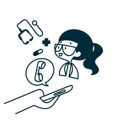 doodle call cute female doctor consultation on mobile phone device in cartoon sketch
