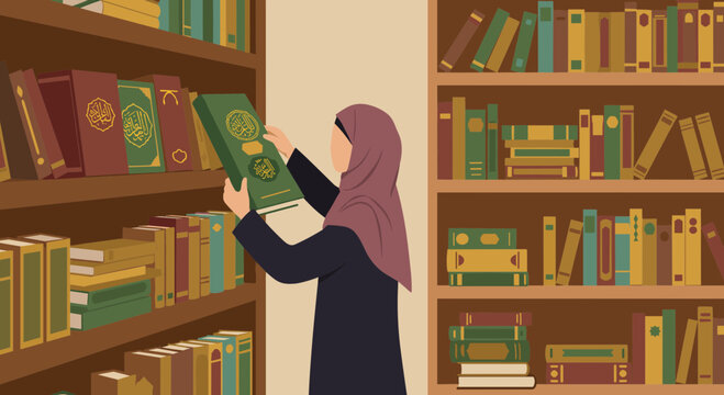 Woman Choosing Book From Bookshelf in Library Flat Illustration with Brown and Green Books