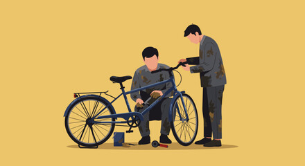 Two Men Repairing Bicycle Flat Illustration On Yellow Background With Pixelated Style And Working Attire