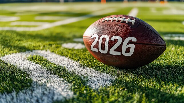 American football with 2026 painted on it sitting on the field, symbolizing the upcoming season and championship