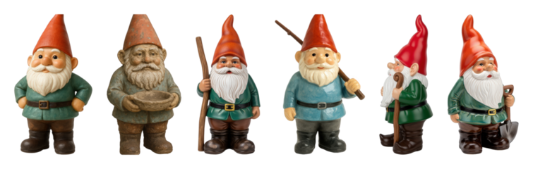 Garden gnome set including six different poses, colors, and accessories isolated. Whimsical fantasy characters for outdoor and indoor decor.
