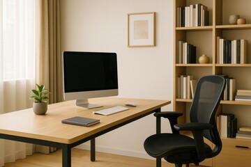  A bright, contemporary home office features a clean wooden desk with a large, unbranded monitor, wireless keyboard, and mouse