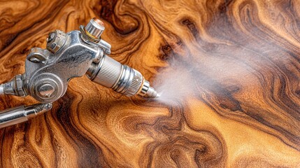 Antique paint sprayer on a polished wooden surface.