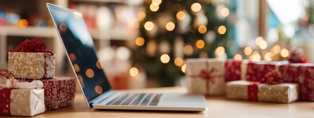A laptop on a wooden table surrounded by wrapped Christmas gifts, with a decorated Christmas tree and bokeh lights in the blurred background, creating a festive holiday atmosphere.