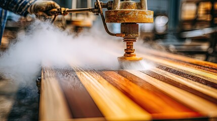Colorful wooden planks being treated with steam.