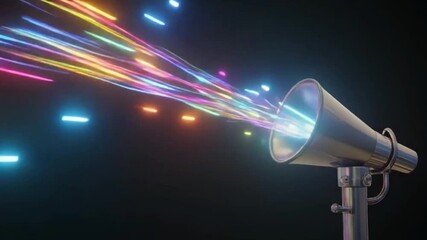 A megaphone emits colorful and energetic waves of light, symbolizing communication, spreading news, or innovative ideas. This visual is suitable for concepts related to announcements, public relatione