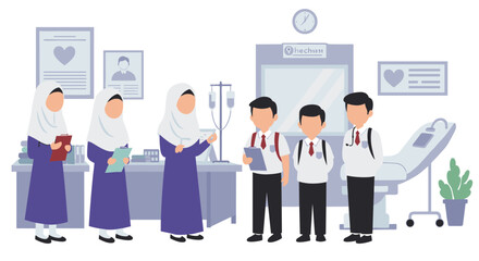 Fototapeta premium Flat Illustration Of Medical Professionals Students And Patients In A Hospital Room With Blue White And Gray Tones