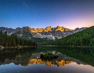 Mountain lake at dawn, reflecting a vibrant sunrise.  Stars shimmer in a twilight sky above a tranquil alpine lake, mirrored perfectly on its surface.  