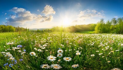 Fototapeta premium Beautiful Wildflowers In A Lush Green Meadow During Spring Season