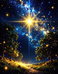 Starry night path through enchanted forest.  Mystical, glowing trees line a dirt path under a vibrant night sky filled with stars and a brilliant central star