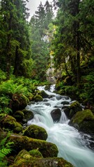 Fototapeta premium Misty forest stream cascading over rocks. Lush green trees and ferns line the banks