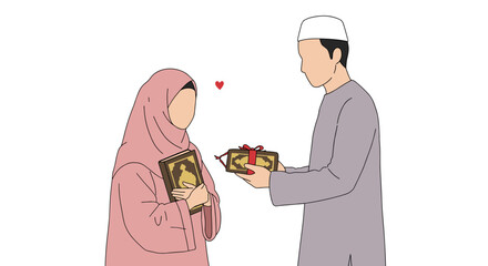 Couple exchanging gift in a flat illustration with pink and cream background celebrating a moment of love and appreciation