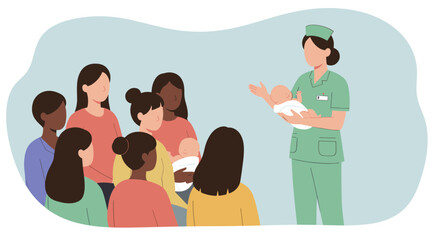 Fototapeta premium Nurse in Green Uniform Presenting Newborn Baby to Group of Women in a Light Blue Background