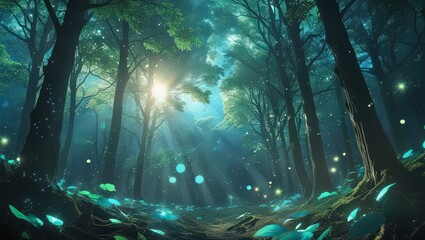 Obraz premium A mystical forest with tall trees, glowing leaves, and light rays shining through the canopy above