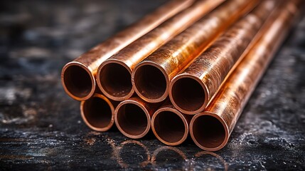 Stack of Copper Pipes on Textured Dark Surface
