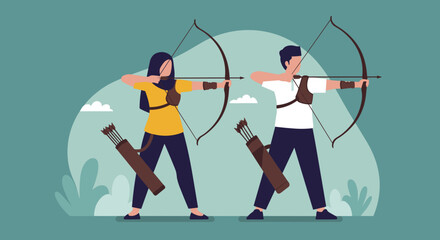 Illustration Of Two Archers Aiming Bows With Quivers And Arrows On Teal Background