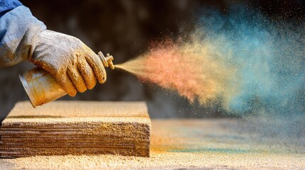Colorful spray paint being applied to a wooden surface.
