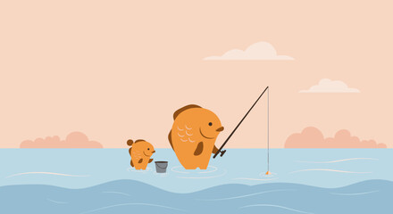 Fototapeta premium Pixelated Orange Fish Family Fishing with Rod and Bucket in Ocean Landscape under Beige and Pink Sky
